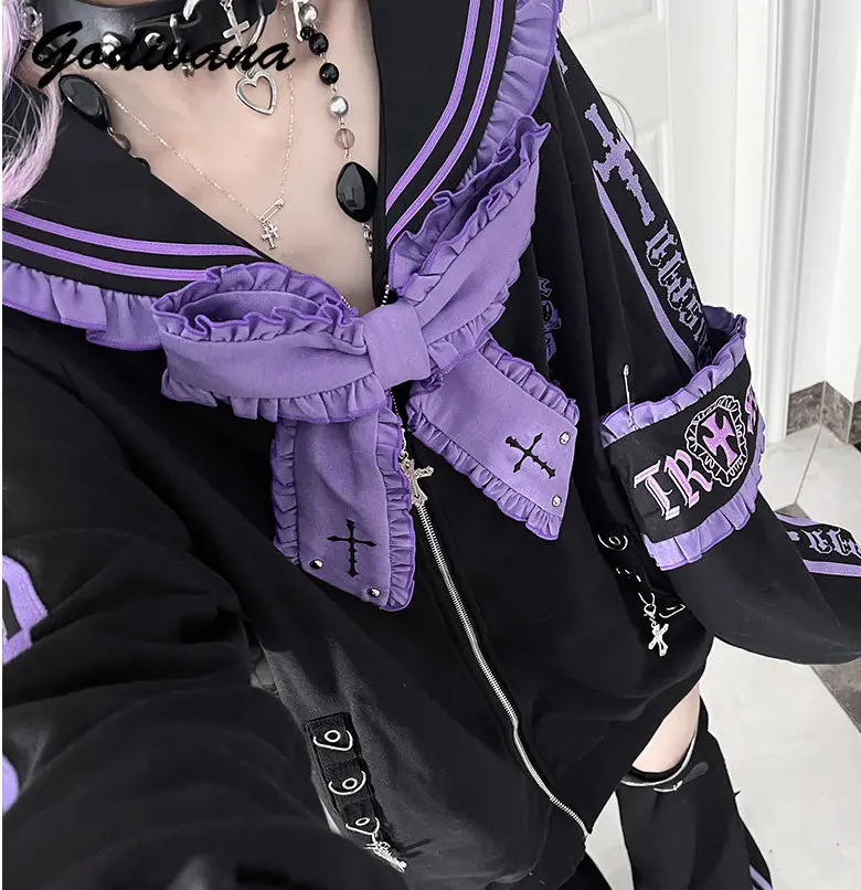 Harajuku Subcultural Embroidered Bow Rivet Loose Sailor Collar Jacket New Spring and Autumn Female Zip-up Hoodie Coat Outwear