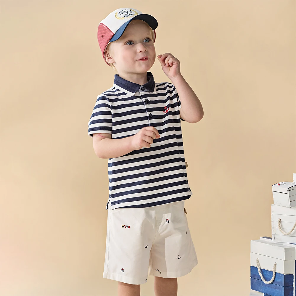 Dave Bella Boy Summer Shorts Set Cool Top+Pant Suit Children Blue White Stripe Pullover Printed Trousers Kids Clothing DB2262034