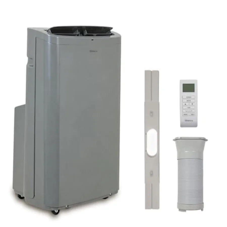 

Portable AC for rooms up to 700 sq.ft, grey unit with 14, 000 BTU cooling, built-in dehumidifier and fan modes, includes remote