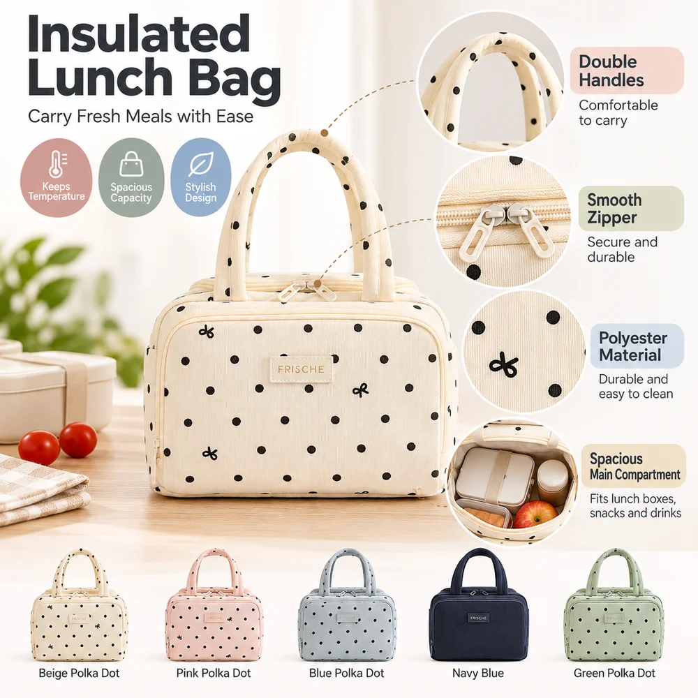 Portable Insulated Lunch Bag Polyester Large Capacity Thermal Lunch Tote Double Handles Handheld Style Meal Bag Outdoor Meals
