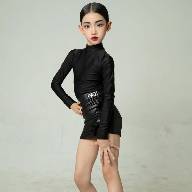 Girls Black Latin Dance Leotard Long Sleeve Frill Skirt Professional Kids Cha Cha Rumba Performance Dancewear Line Dance Top
