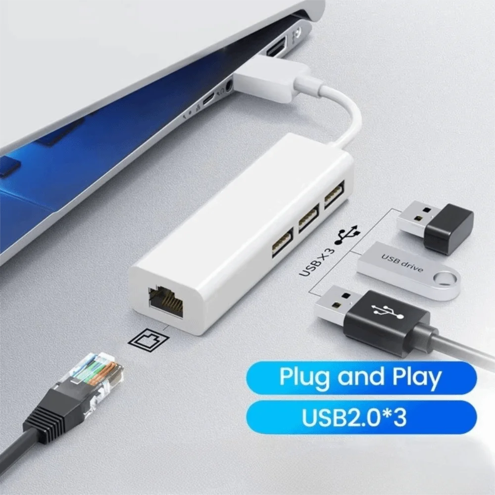 High-Speed USB Ethernet Adapter Type C USB 2.0 Ethernet Adapter Network Card 10/100 Ethernet 3 Ports USB Type C Ethernet Adapter