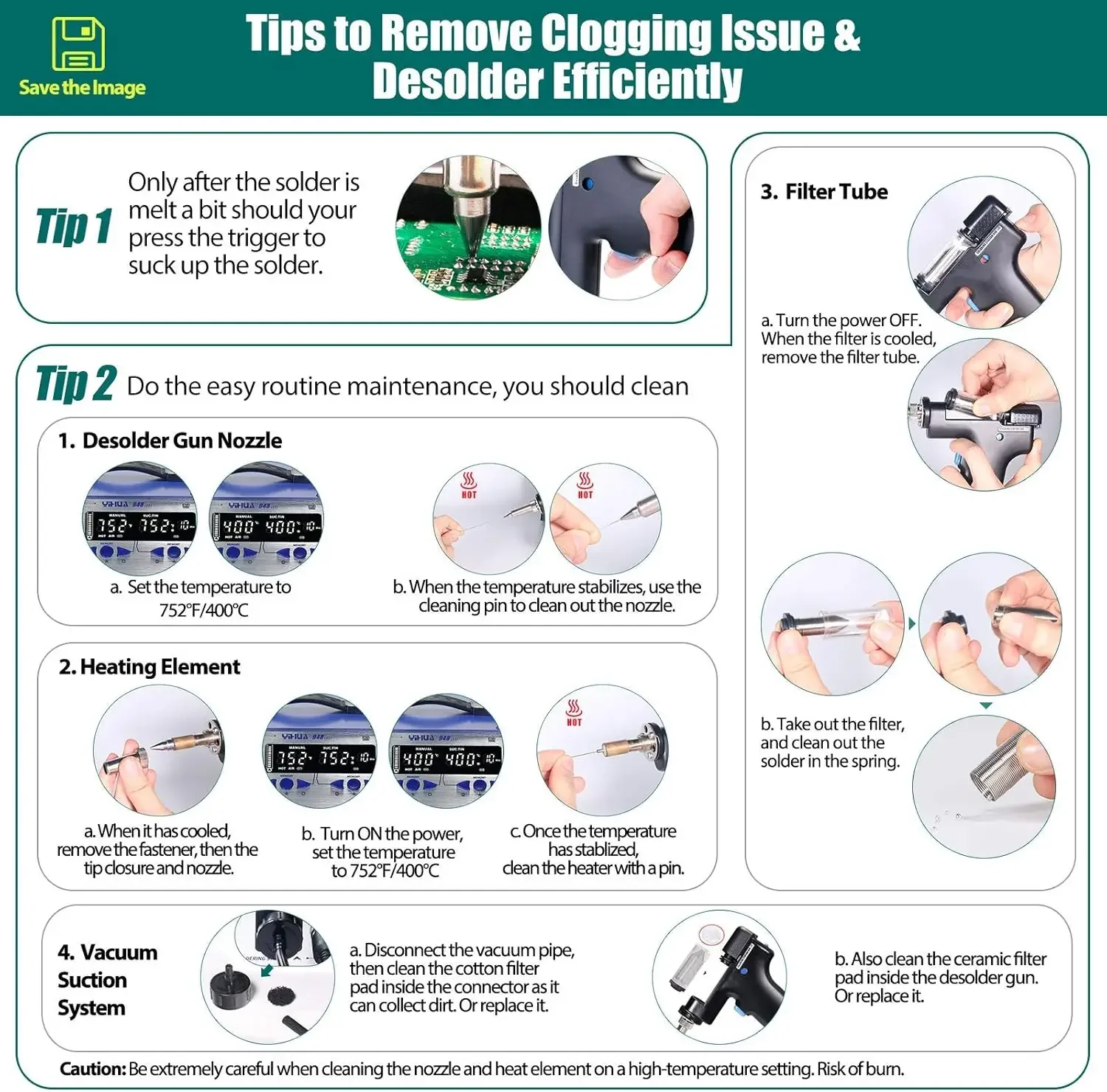 Saldatore per rilavorazione ad aria calda e stazione di pistola per stagno con aspirazione dissaldante con penna di raccolta dell'aspirazione ° F / ° C