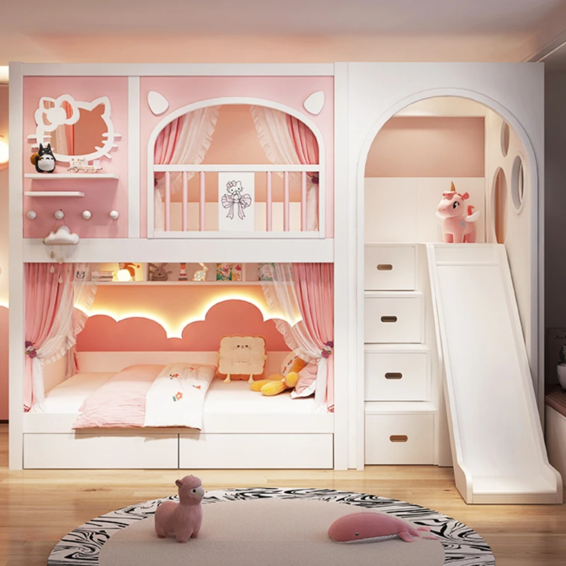 

All solid wood children's bed girl princess bed bunk two layers cartoon cat high and low mother and child