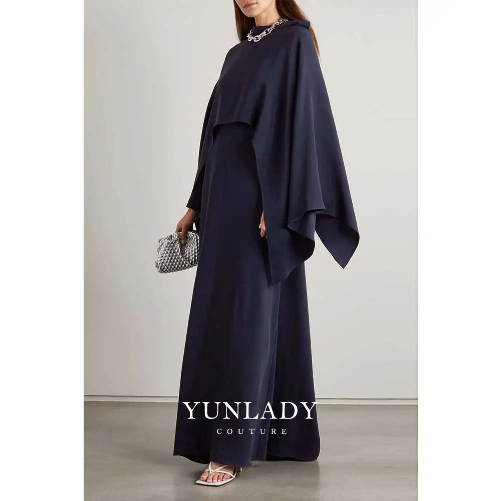 

YUNLAN Customized Saudi Arabia Cape Sleeve Navy Blue Evening Dress 2025 Luxury Beaded Muslim Women Wedding Guest Shawl Dress