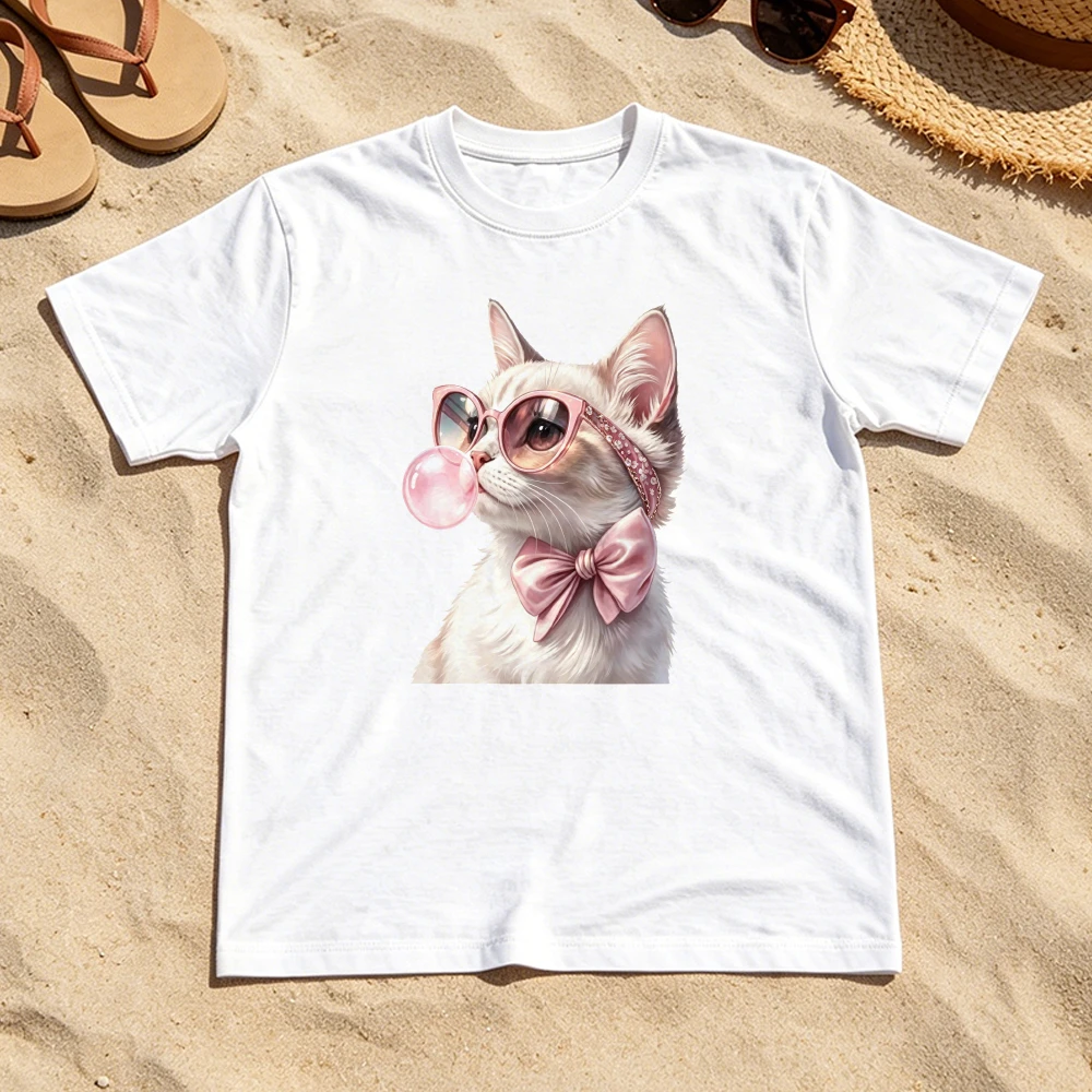 White Cat Pink Bow Sunglasses Blow Bubble Gum Women Summer Cotton T Shirt Cute Pet Sweet Trendy Casual Holiday Tee
