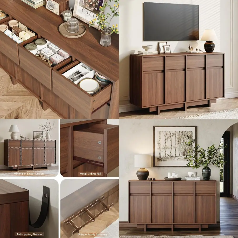 Walnut 55 Sideboard Buffet Cabinet with Sliding Doors and Dr