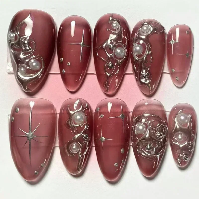 24Pcs False Nails Spicy Girl Silver Bow with Diamond Fake Nails with Glue Almond Press on Nails Black Cool Y2k Almond Nail Set