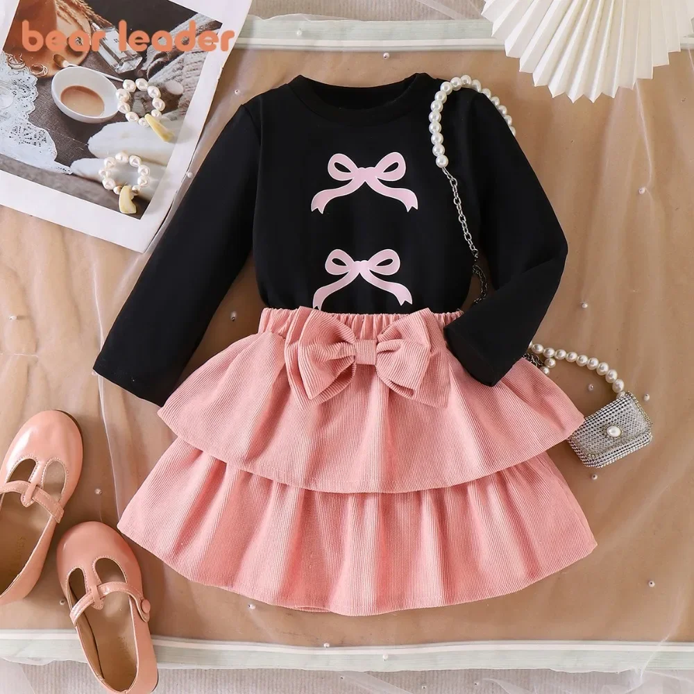 

Bear Leader Spring Solid Color Girls' Set Autumn Bow Print Long Sleeved Top+Pink Short Skirt European Style Children's Clothing