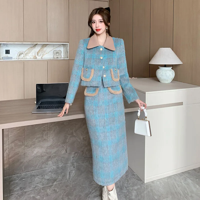 Fall Winter Women Small Fragrance Two Piece Sets Turn-down Collar Blazers Crop Coat And Pencil Skirts High Street Woolen Outfits