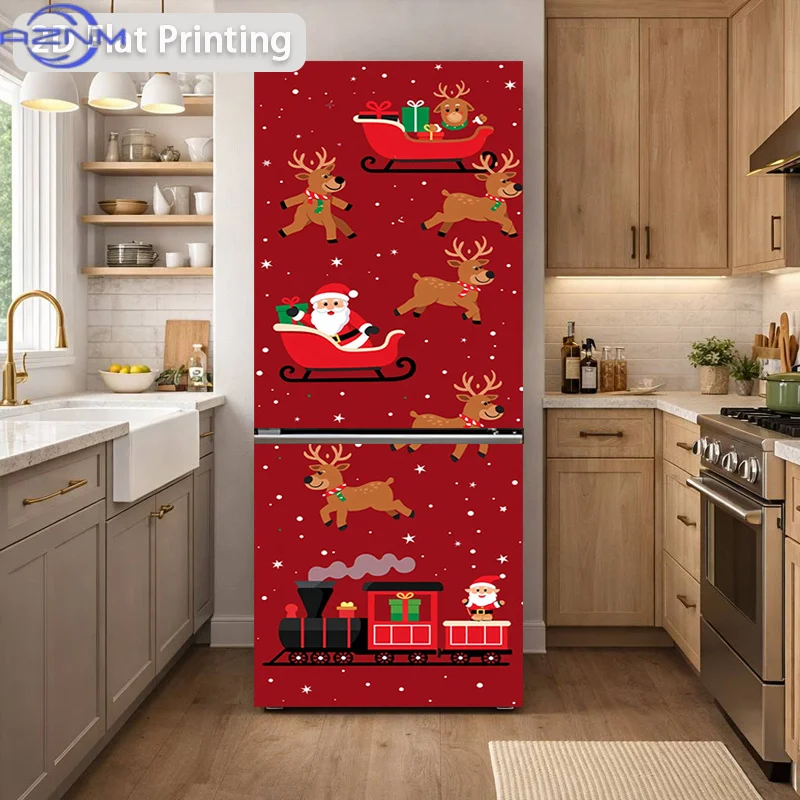 2D Flat Printing 1pc Refrigerator Sticker 60×180cm Christmas Sleigh Reindeer Themed Design, Self-Adhesive Wall Decal Wallpaper