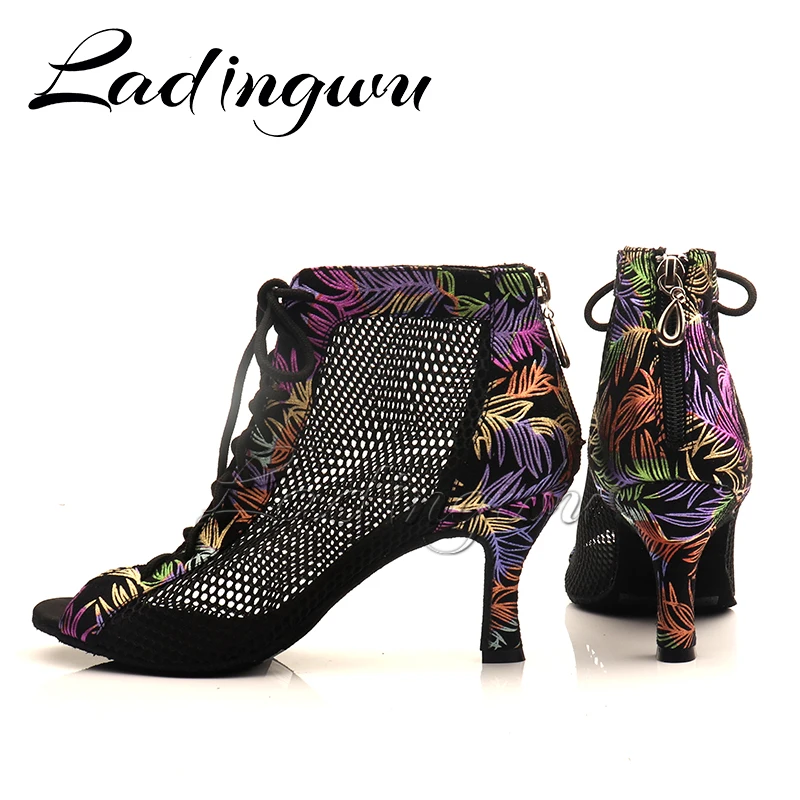 Ladingwu-Bottes en daim et maille respirante pour femmes, chaussures de danse astronomique souples, sandales à glissière pour femmes, chaussures de danse latine et salsa, talons bas