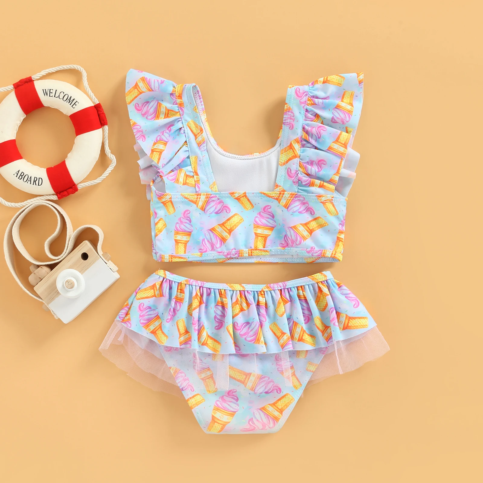 1-6Y Girls Swimwear Kids Bikini Sets 2022 Summer Mesh Ruffle Ice Cream Printed Swimsuit Children Bathing Suits Baby Beachwear