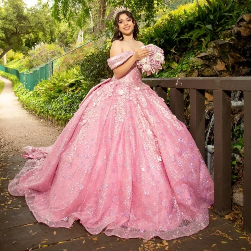 

Розовые блестящие платья Quinceanera с открытыми плечами, аппликация, кружево, бисер, кристалл, тюль, вечерние, день рождения, милое платье 16, Vestidos De 15