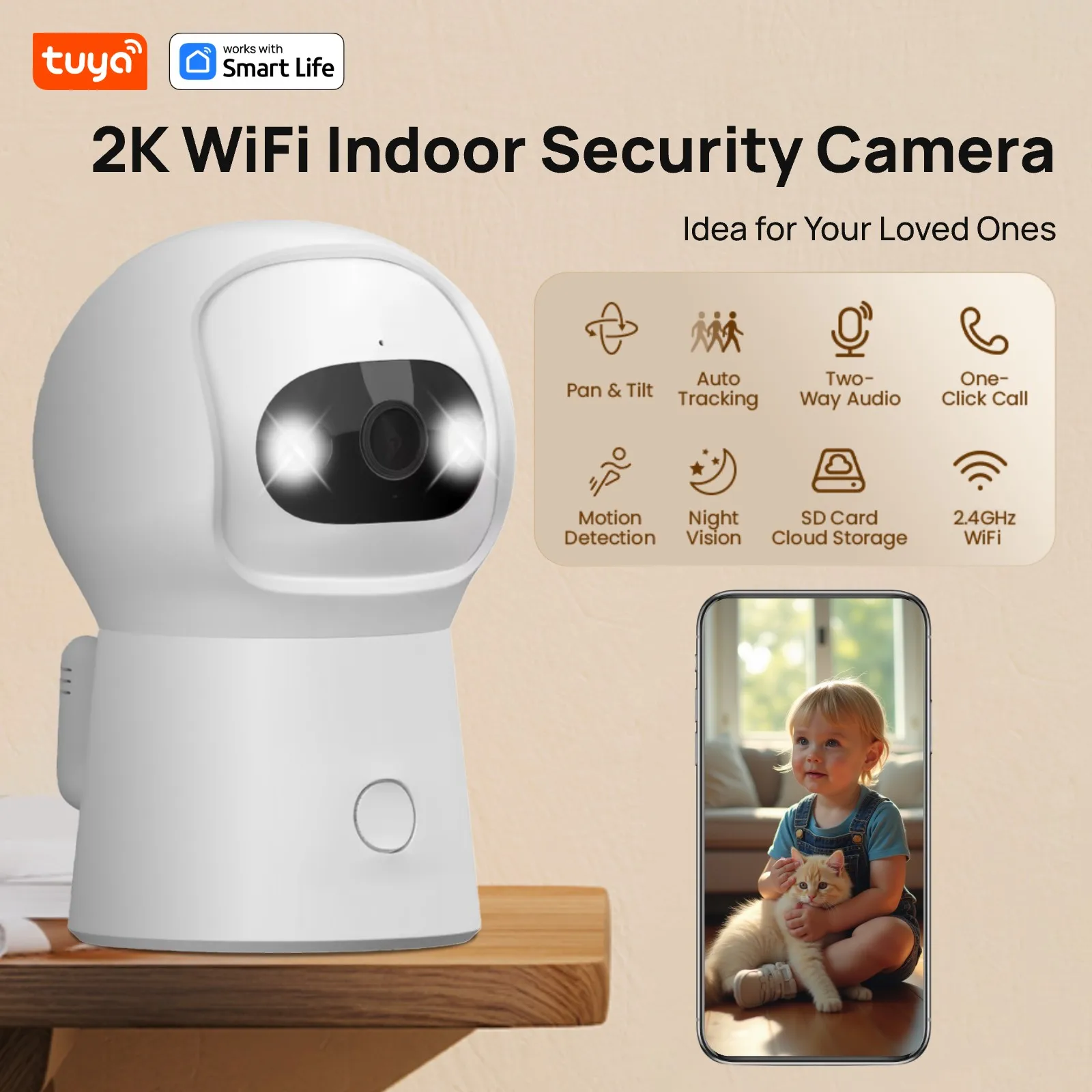 Tuya Smart 4MP Security Camera Indoor - 2K Baby Monitor Pet Camera 355° for Home Security,With 2.4G WiFi Router,One-Touch Call