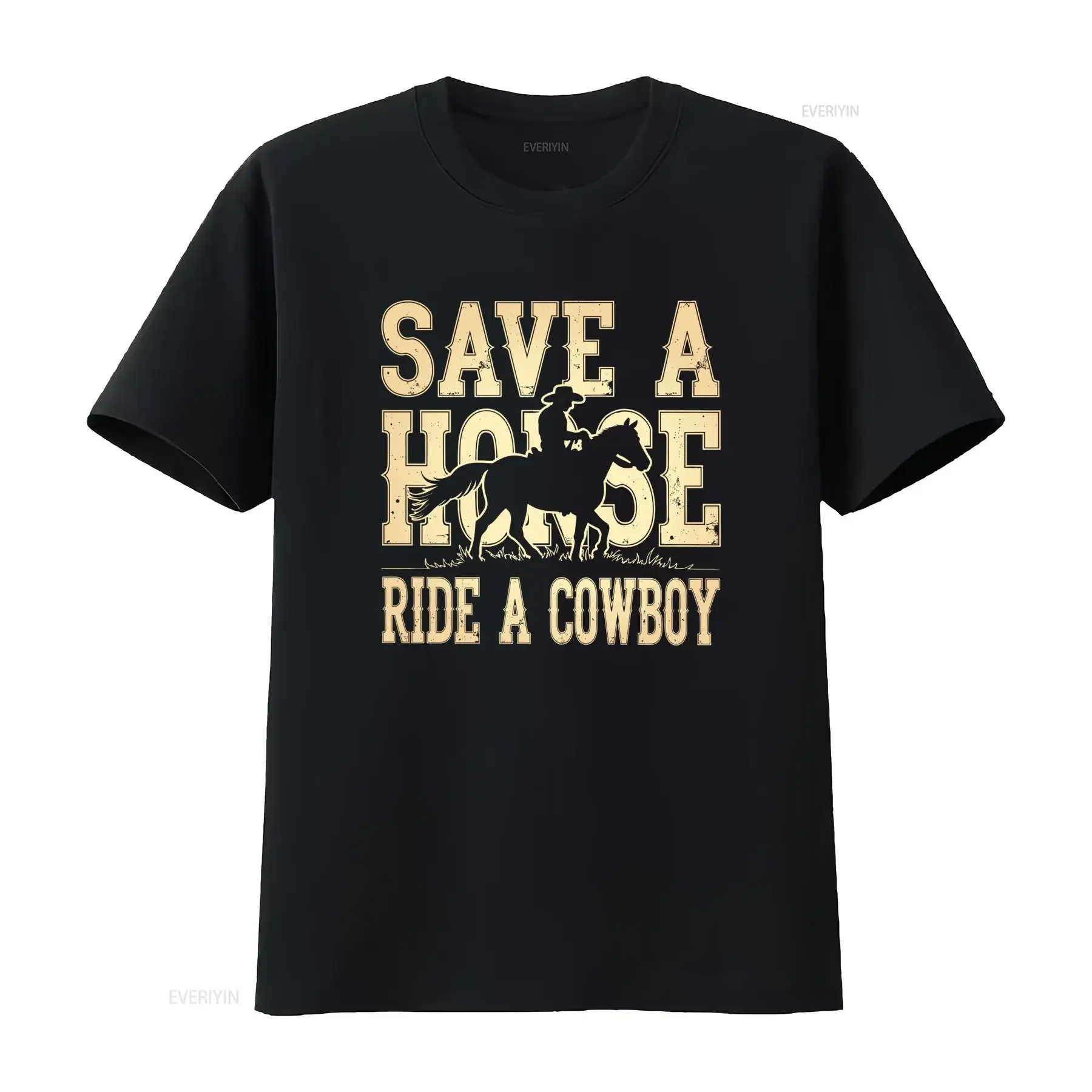Men's Save A Horse Ride Cowboy T Shirt Casual Blue Crew Neck Lightweight Summer Comfort Top Wear Playful Text Design vintage