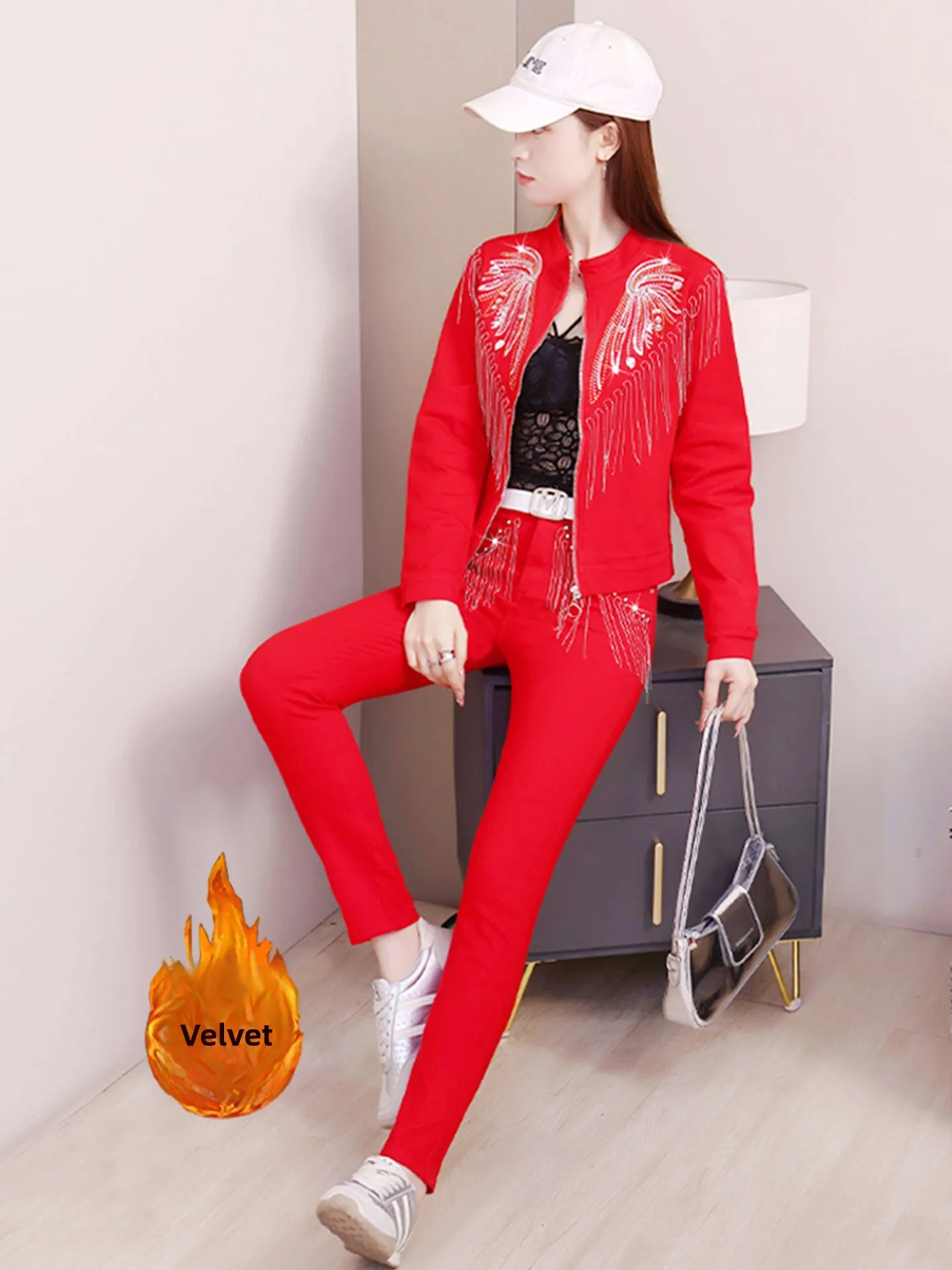 

Fashionable Sequin Tassel Long Sleeve Women's Set High Waist Pants Jacket Korean Style Breathable Cotton Autumn Winter Ensemble