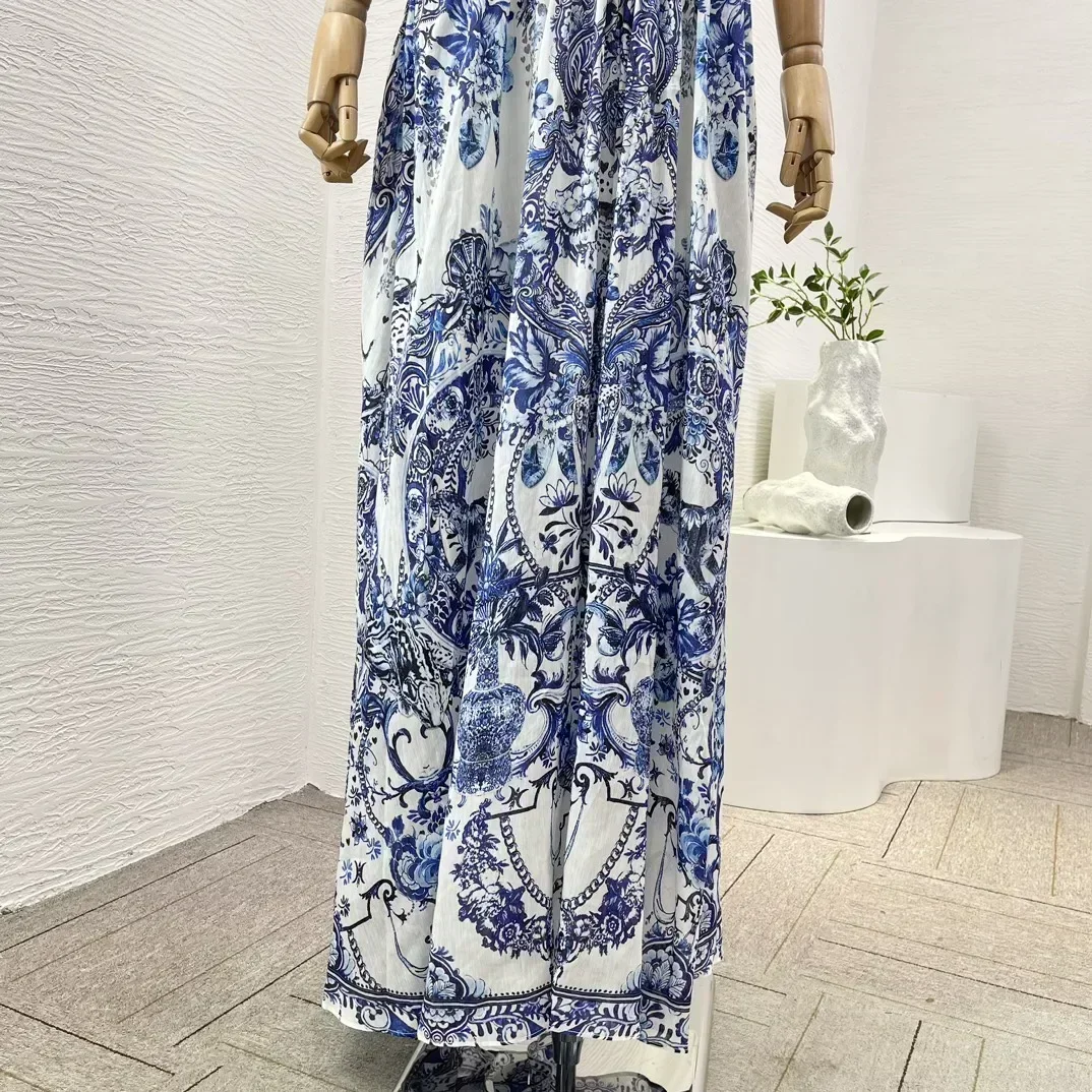 Linen Silk Elegant Blue and White Floral Print Sleeveless Deep V-Neck High Quality Women Maxi Dresses for Holiday Party