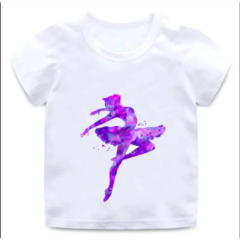 Girls Elegant Ballet Dance Posture Print Children's  T-shirt Ballet Summer Round Neck T-shirt Tops