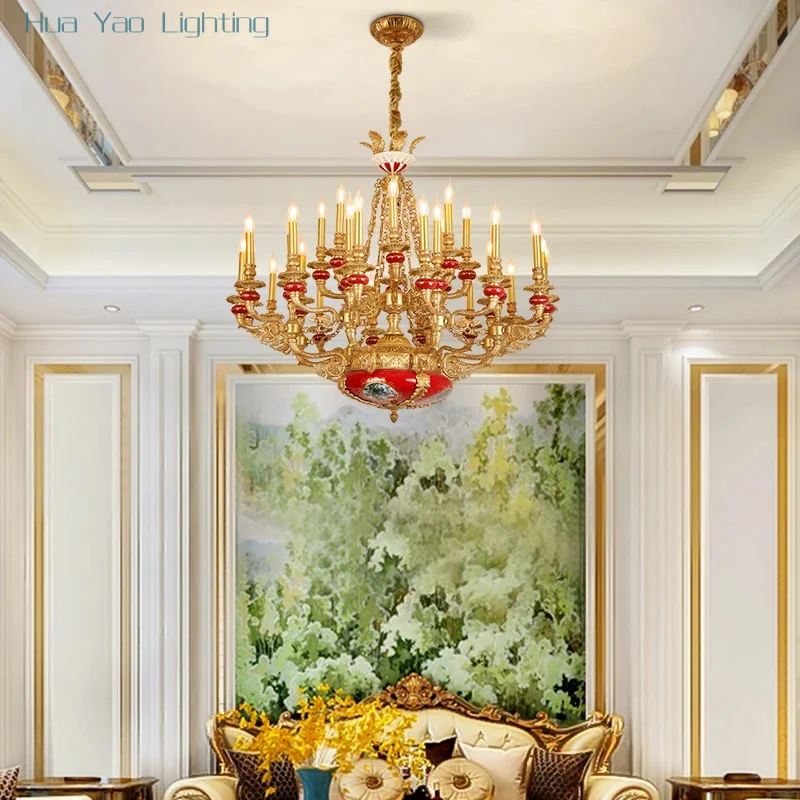 Hotel Villa Project Luxury Copper Red Hand Painted Ceramic Pendant Lamp French Style Living Room Hall Led Large Chandelier