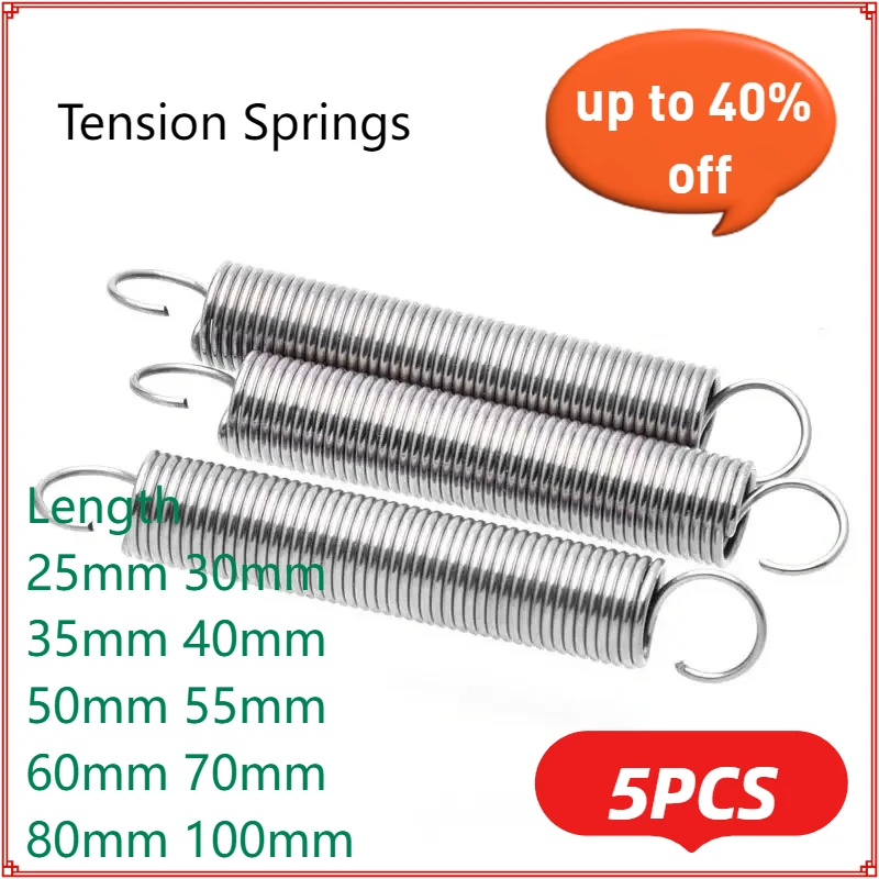 

5pc Tension Spring Extension 304 Stainless Steel 1mm Small Dual Hook Wire Diameter 1.0mm OD 10mm Long L25/30/ 55/60/70/80/100mm