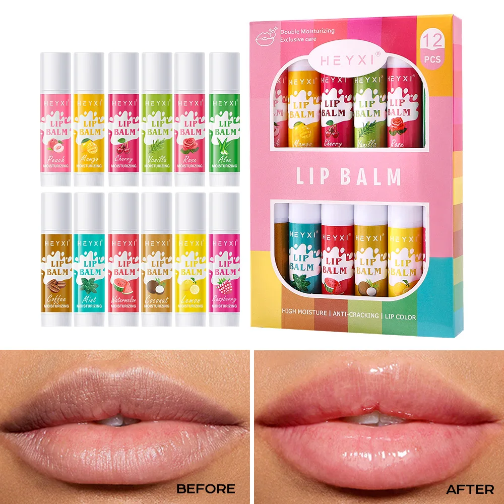 Juego de bálsamo labial Natural con sabor a fruta, 12 sabores, para labios secos y agrietados, productos para el cuidado de los labios de larga duración, 6/12 Uds.