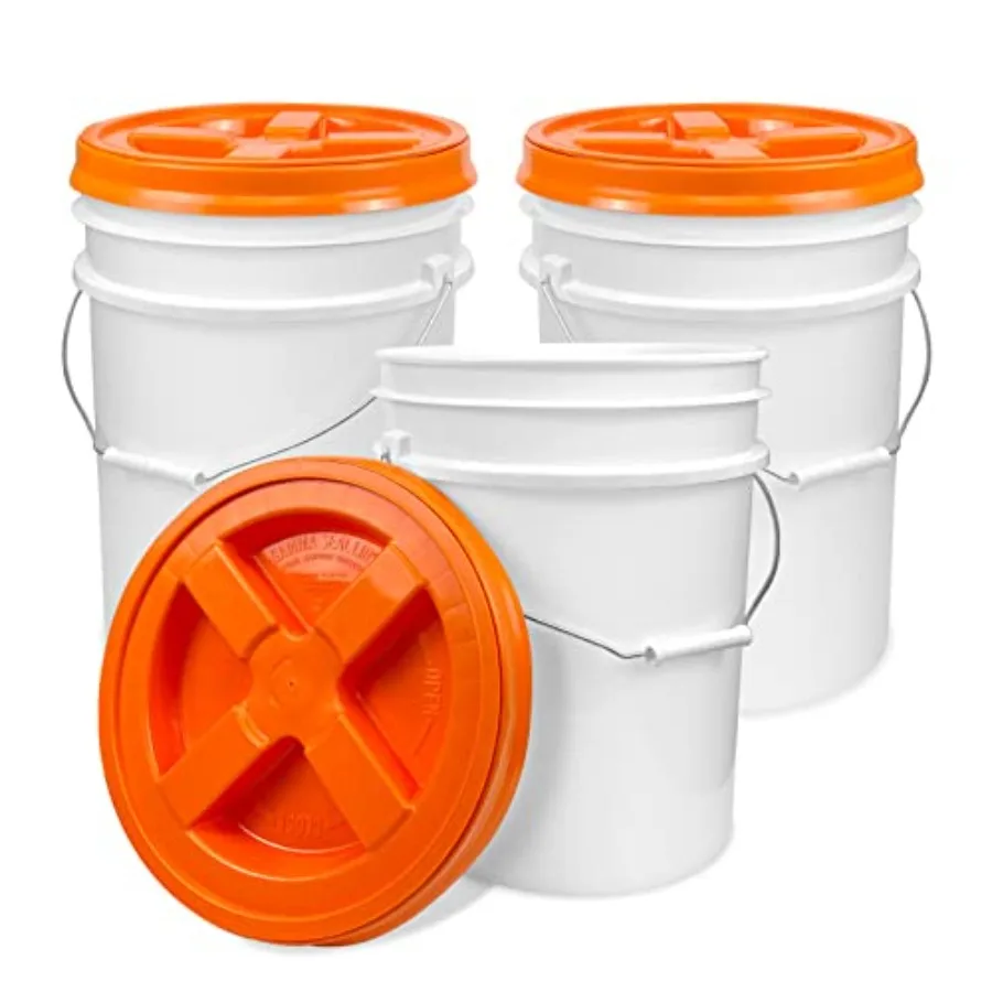 

5 Gallon White Bucket with Orange Gamma Seal Screw on Airtight Lid Made in USA Food Grade Heavy-Duty HPDE Plastic Durable 90