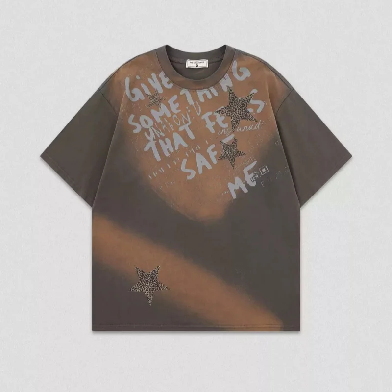 

Niche Design American Style Creative Letter Printing Leopard Print Gradual Change Color Casual Unisex Short Sleeve T-shirt