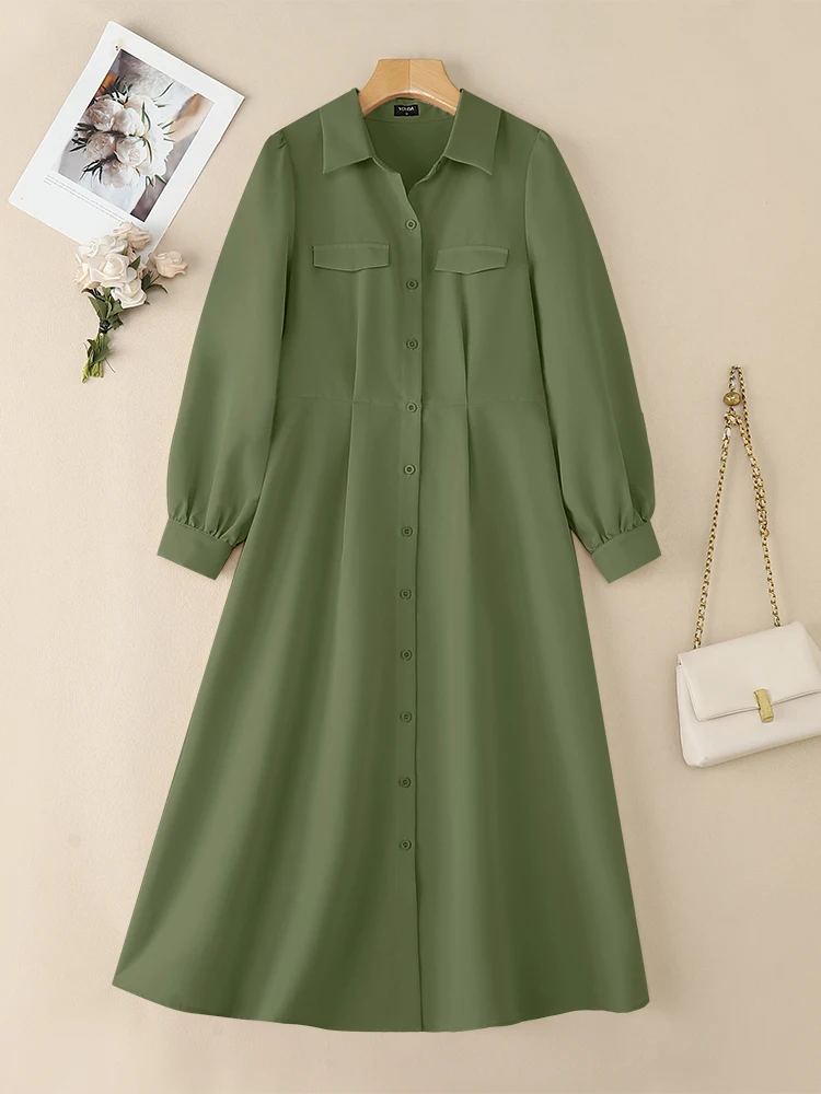 VONDA Elegante Camicia Lunga Abiti da Donna Manica Lunga Risvolto Midi Abiti 2025 Autunno Casual Pulsante Solido Moda Autunno Party Robe