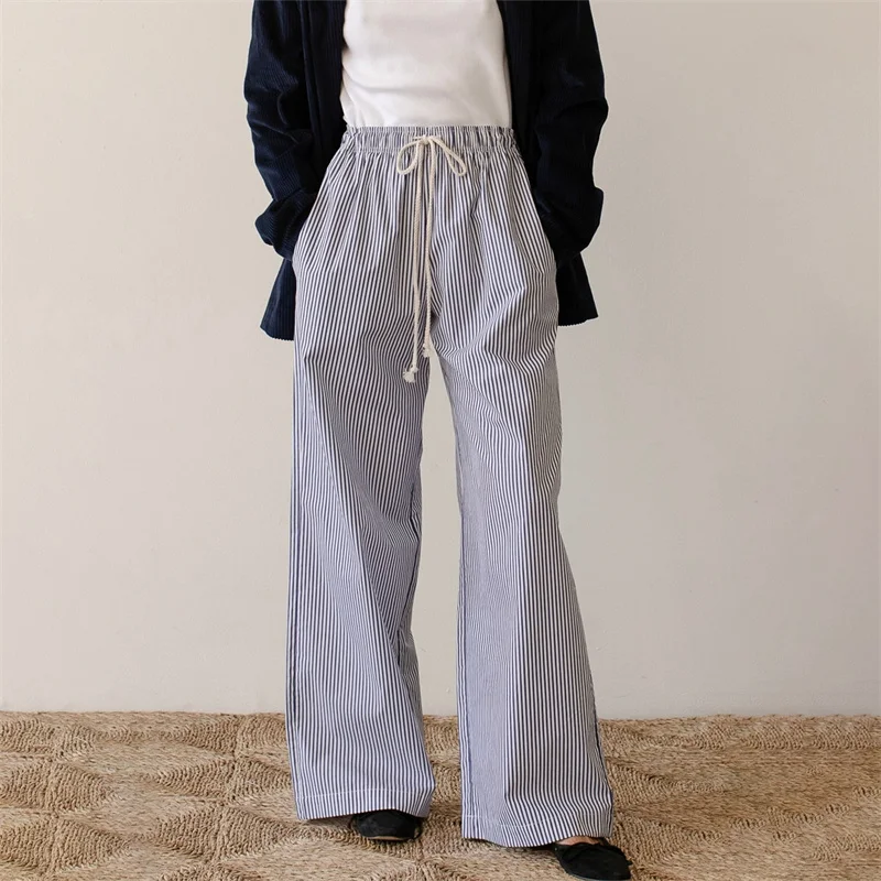 Women Y2K Vintage Striped Lounge Pants Pinstriped Wide Leg Pajama Pants Drawstring High Waist Loose Casual Trousers Streetwear