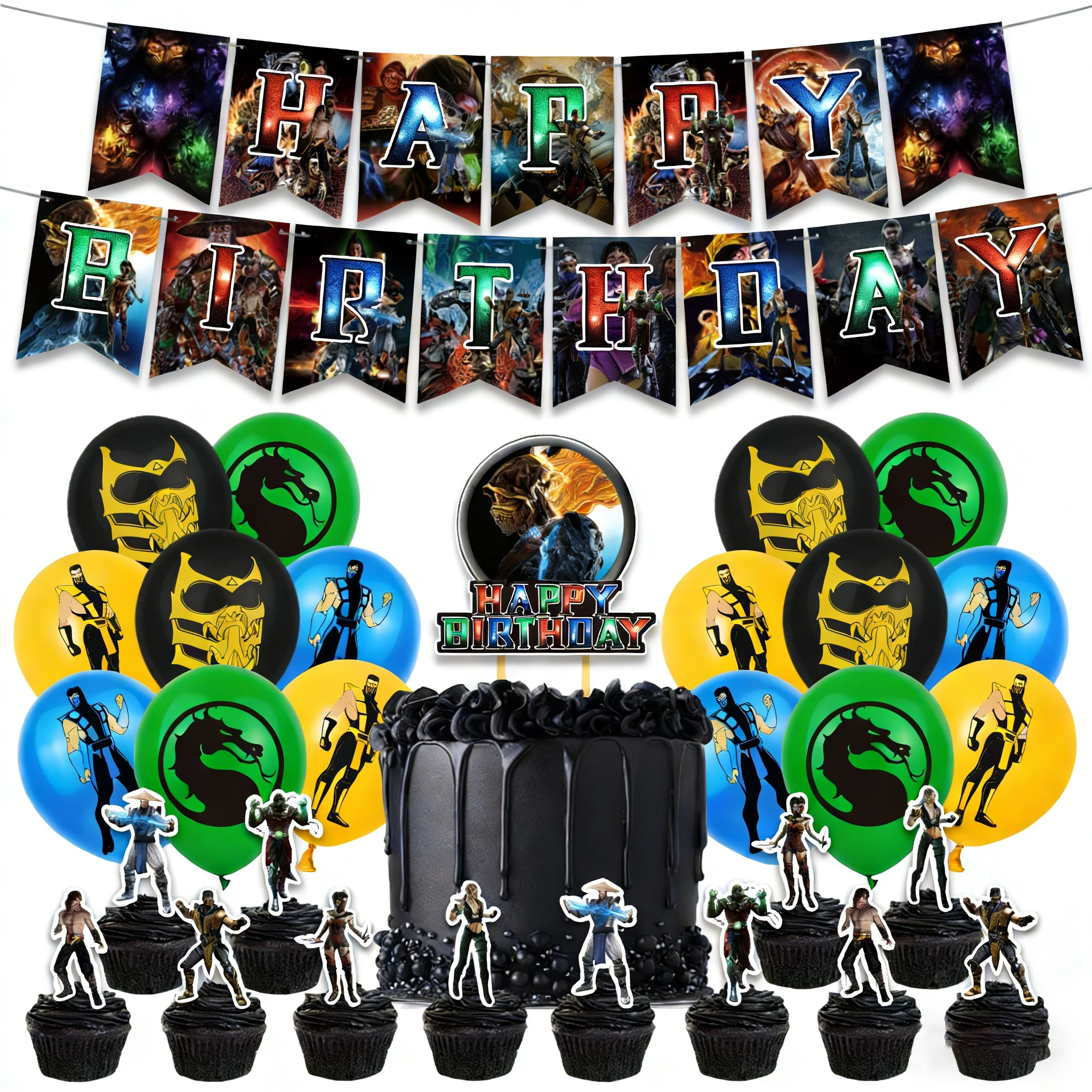 Mortal Kombat verjaardagsfeestje decoraties banner taart topper vlag set