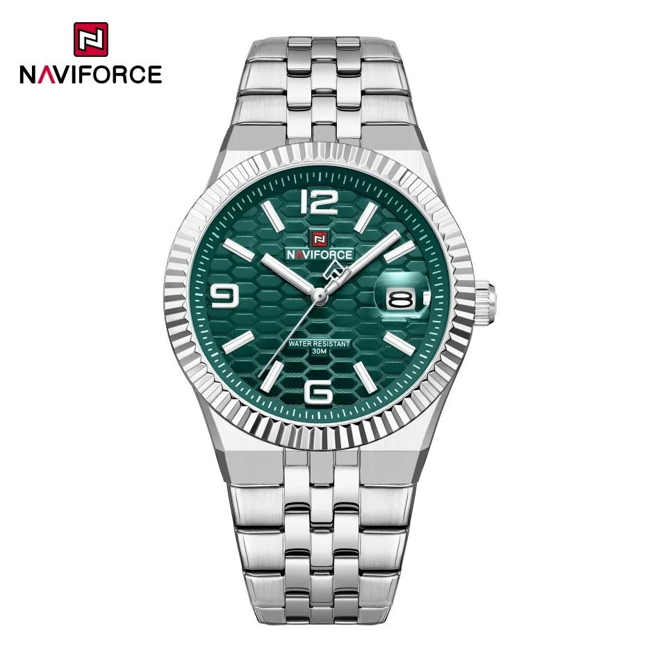 

Новые мужские часы NAVIFORCE из нержавеющей стали с кварцевым механизмом, светящимися стрелками, водонепроницаемые до 30 метров, с функцией календаря, часы для мальчиков