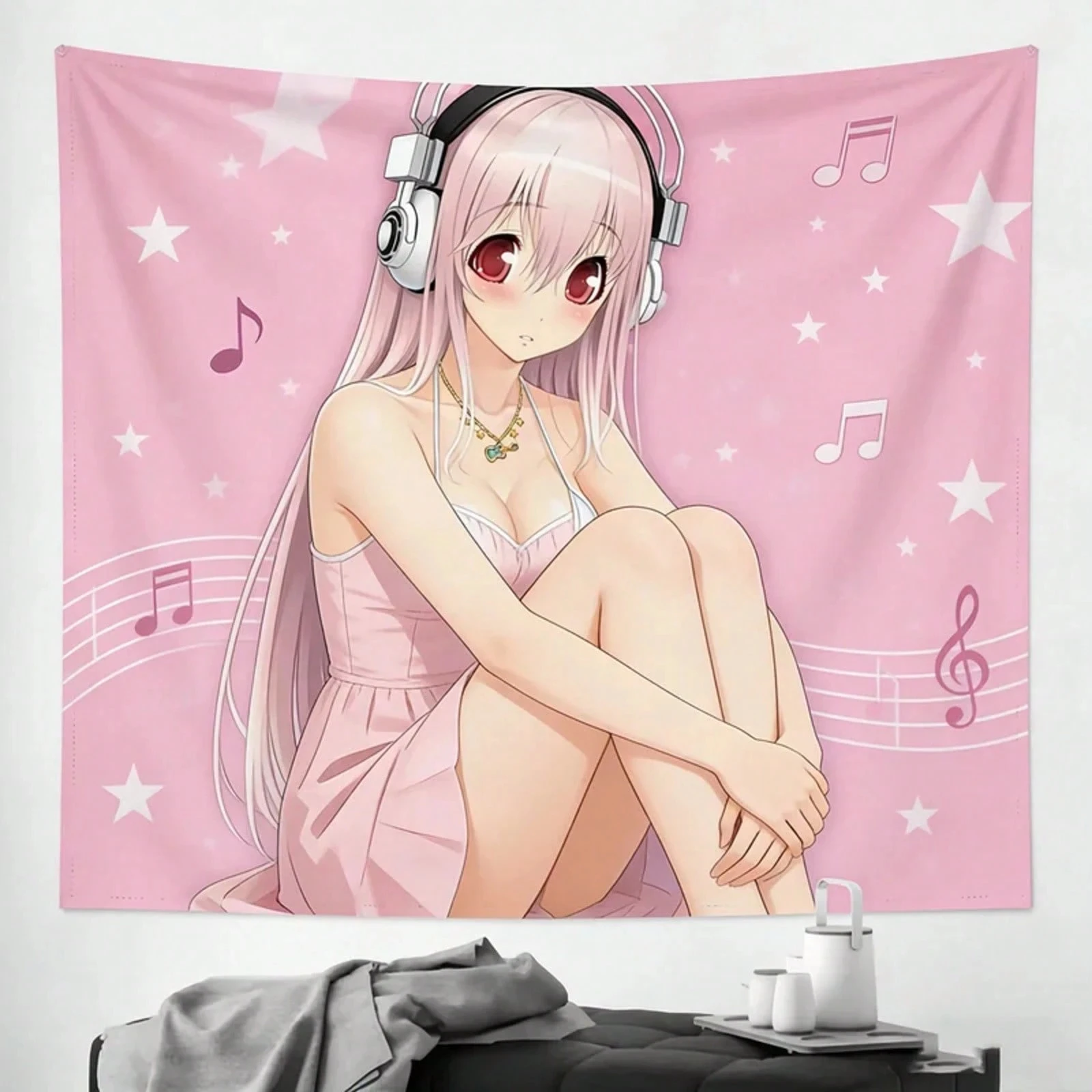 1pc S-Super Sonico Pink Music Star Tapestry, Kawaii Anime Girl Wall Hanging, Cool Room Stuff, Multiple Sizes, Polyester 2D Print