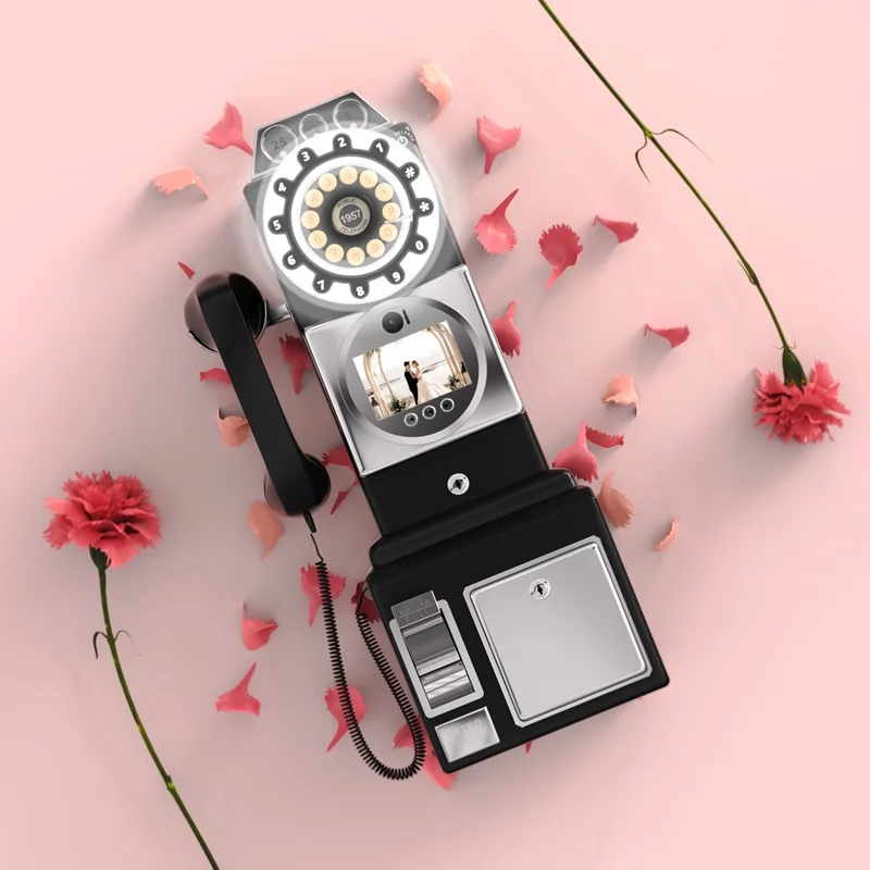 Retro style wedding party with lights, video message board, phone, retro phone booth, message recording, MP4 video