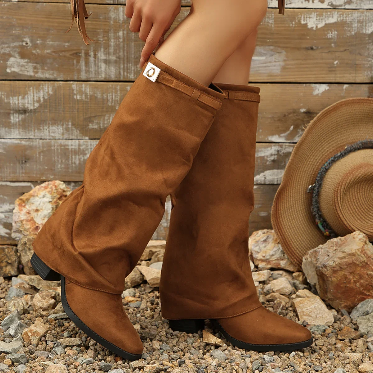 Retro Brown Suede High Heeled Knee High Boots Autumn Metal Decor Slip On Thick Heel Long Botas Woman Plus Size Pointed Toe Boots