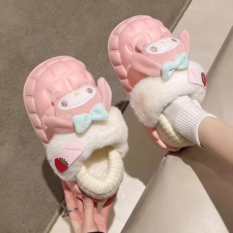 New Sanrio Melody Slippers Women Autumn Winter Home Shoes Warm Detachable Thick Soles Cinnamoroll Purin Kawaii Y2k Shoes