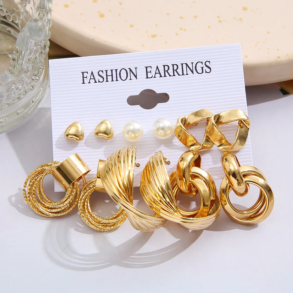 2023 Fashion Gold Color Pearl Hoop Earrings Set Vintage Circle Geometric Twist Stud Earrings for Women Girls Trendy Jewelry Gift