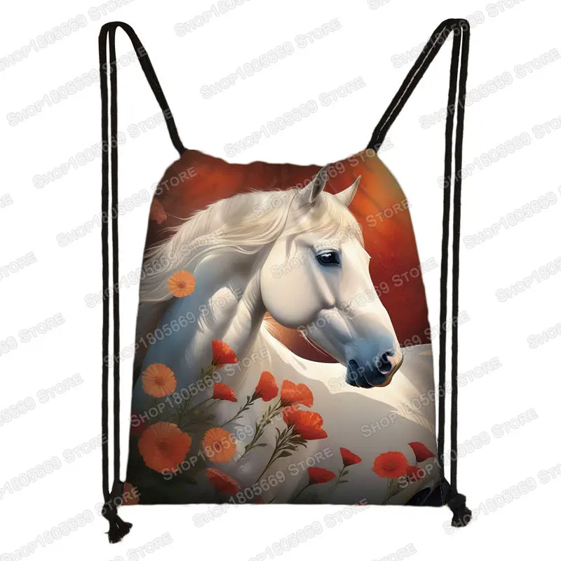 Cool Running Horse Print Drawstring Bag Beautiful Pony Women Shoes Storage Bags for Travel Student Bookbag Portable Shoes Holder view 4