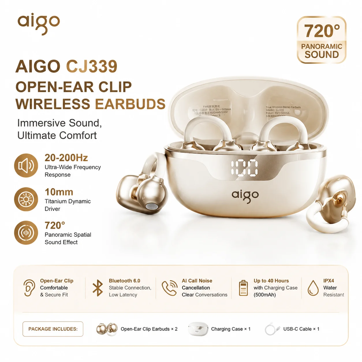 Aigo CJ339 Open Ear Clip Bluetooth 6.0 Earphones Air Bone Conduction Wireless Headphones LED Display HiFi Stereo Sport Headset