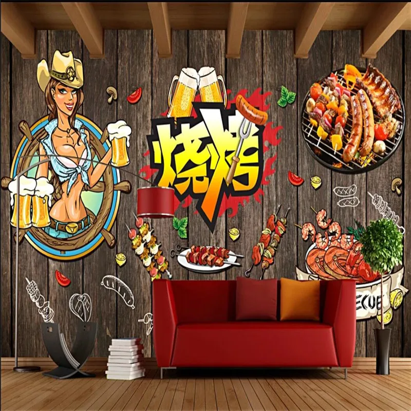 

Custom Text Barbecue Kebab Wall Paper Papel De Parede 3D BBQ Beer Bar Restaurant Snack Bar Industrial Decor Mural Wallpaper 3D