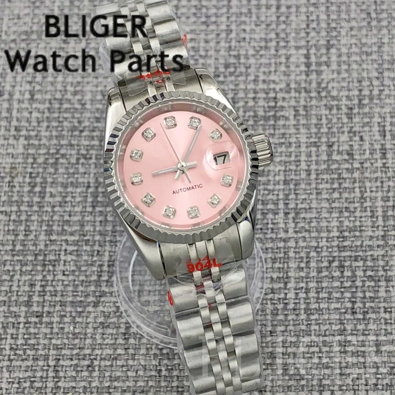 BLIGER 25.5mm NH05 Mechanical Watch For Women Pink Dial Diamond Index Sapphire Glass Steel Strap Lady's 100M Diving Wristwatch