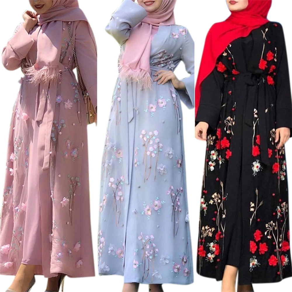 

Muslim Abaya 3D Flower Embroidery Women Open Kimono Arab Robe Ramadan Islamic Clothing Kaftan Cardigan Dubai Middle East Robe