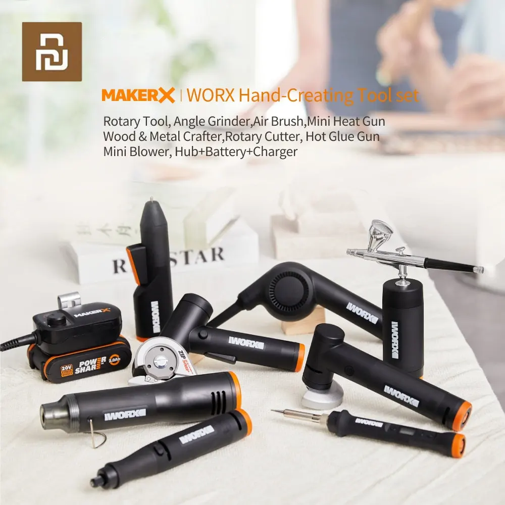 Xiaomi Worx 20V MakerX Tool Set Rotary Tool Angle Grinder Air Brush Wood & Metal Crafter Rotary Cutter Hot Glue Gun Mini Blower