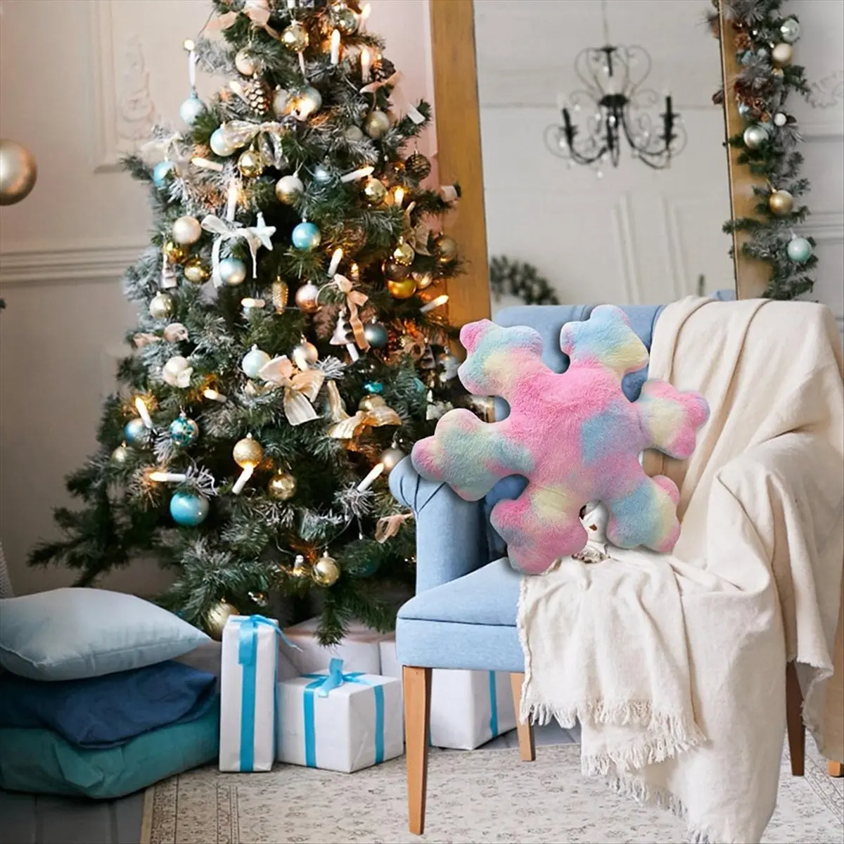 *A14E Snowflake Pillow, Throw Pillow Winter Snowflake Pillow Decoration Plush Cute Pillow Sofa Bed Decoration