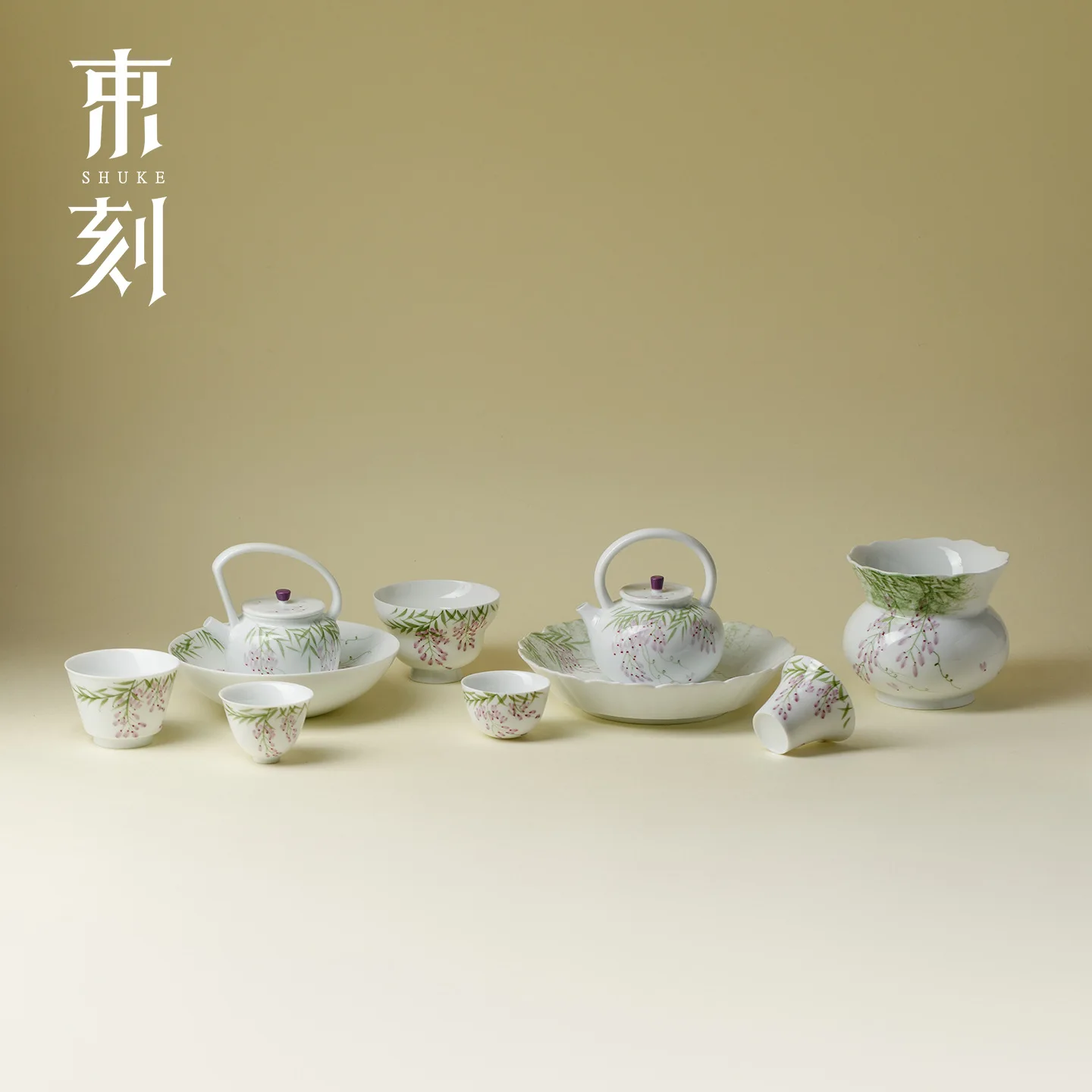 Shuke Jade Clay White Porcelain Underglaze Hand-Painted Wisteria Teapot Personal Cup Teapot Stand Series Kung Fu Tea Set