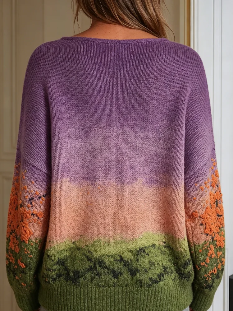 Women Halloween Witch Black Cat Bat Moon Jacquard Off Shoulder Knit Sweater  Gradient Purple Green Long Sleeve Loose Casual Party Pullover