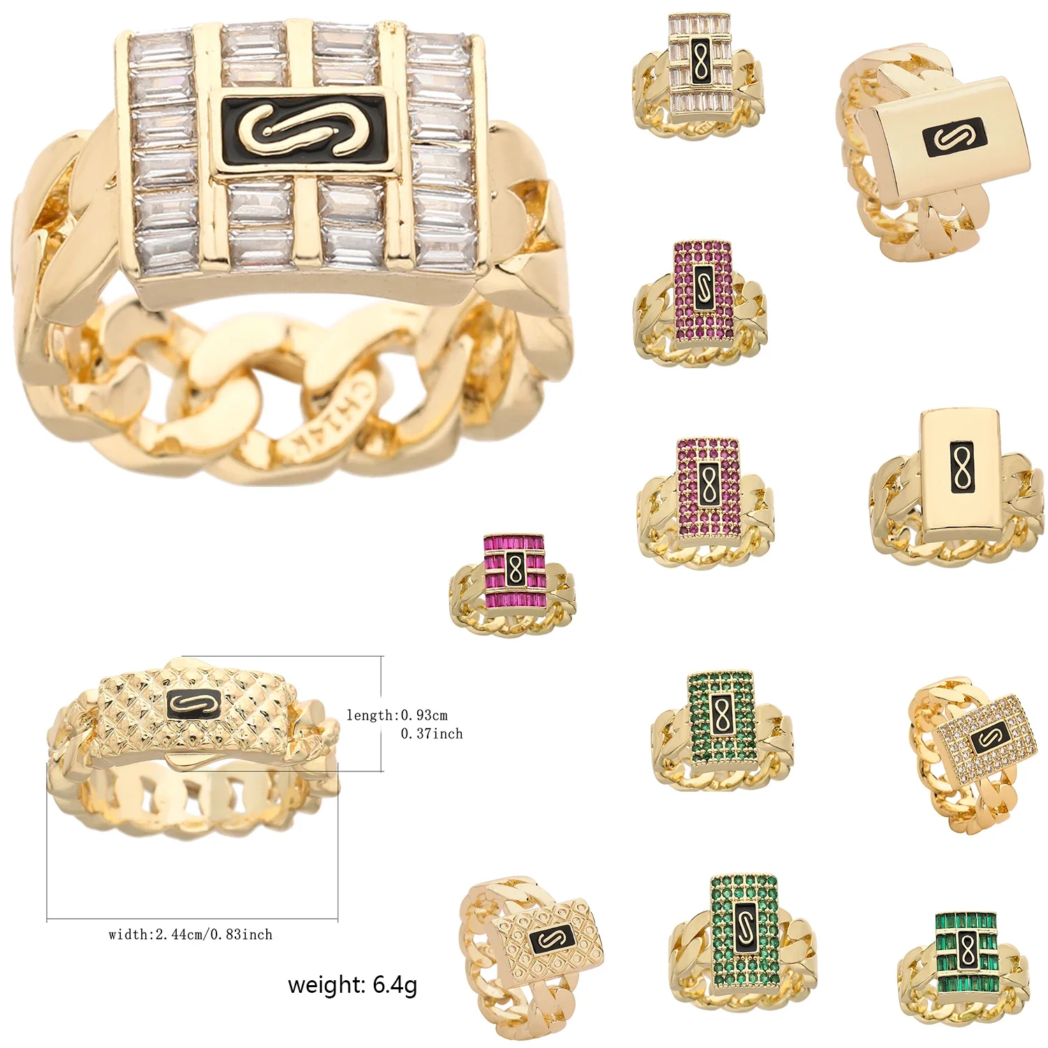 Anillo de monaco chapado en oro de 14 quilates, cuadrado, rectangular, unisex, tamaño 7/8/9, estilo hip hop, anillo de circonio