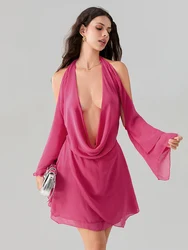 wsevypo Backless Halter Tie Up Mini Dress Summer Fall Sexy Long Sleeve Off-Shoulder Deep V Cowl Neck Wrap Short Club Dresses