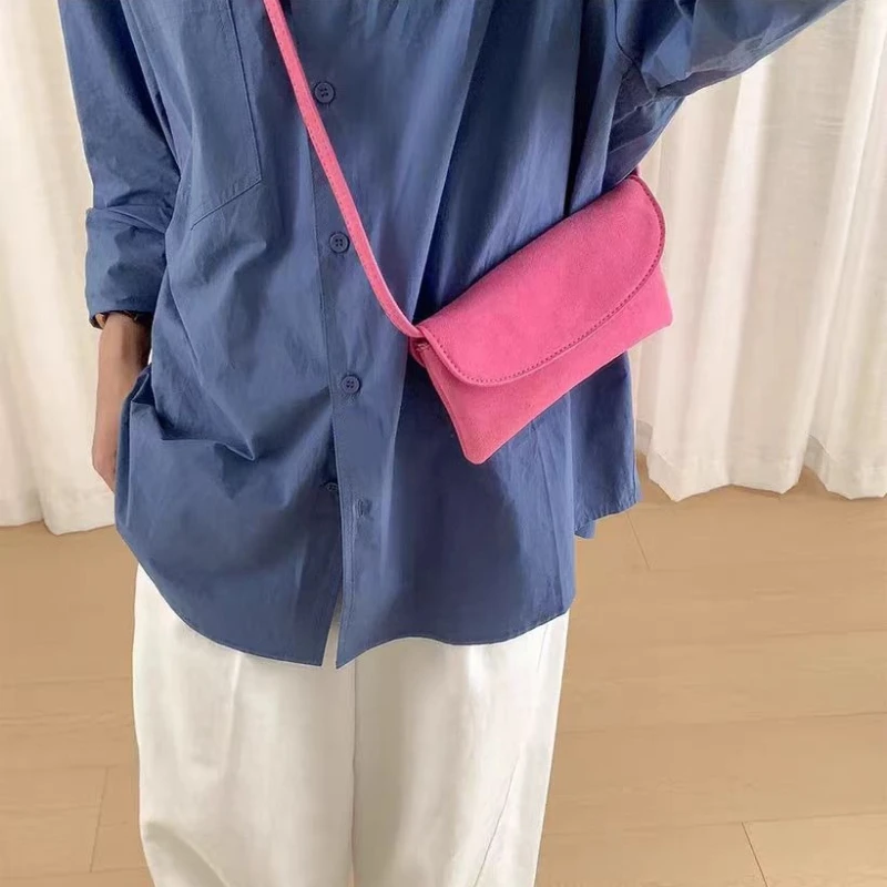 Rose Red Textured Suede Bag Versatile Shoulder Messenger Mini Storage Bag