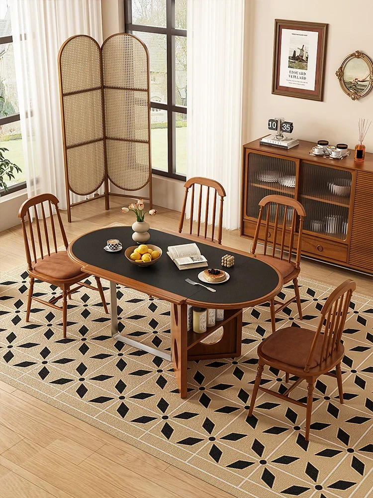 

French retro folding rock slab dining table retractable solid wood dining table dining table and chair combination